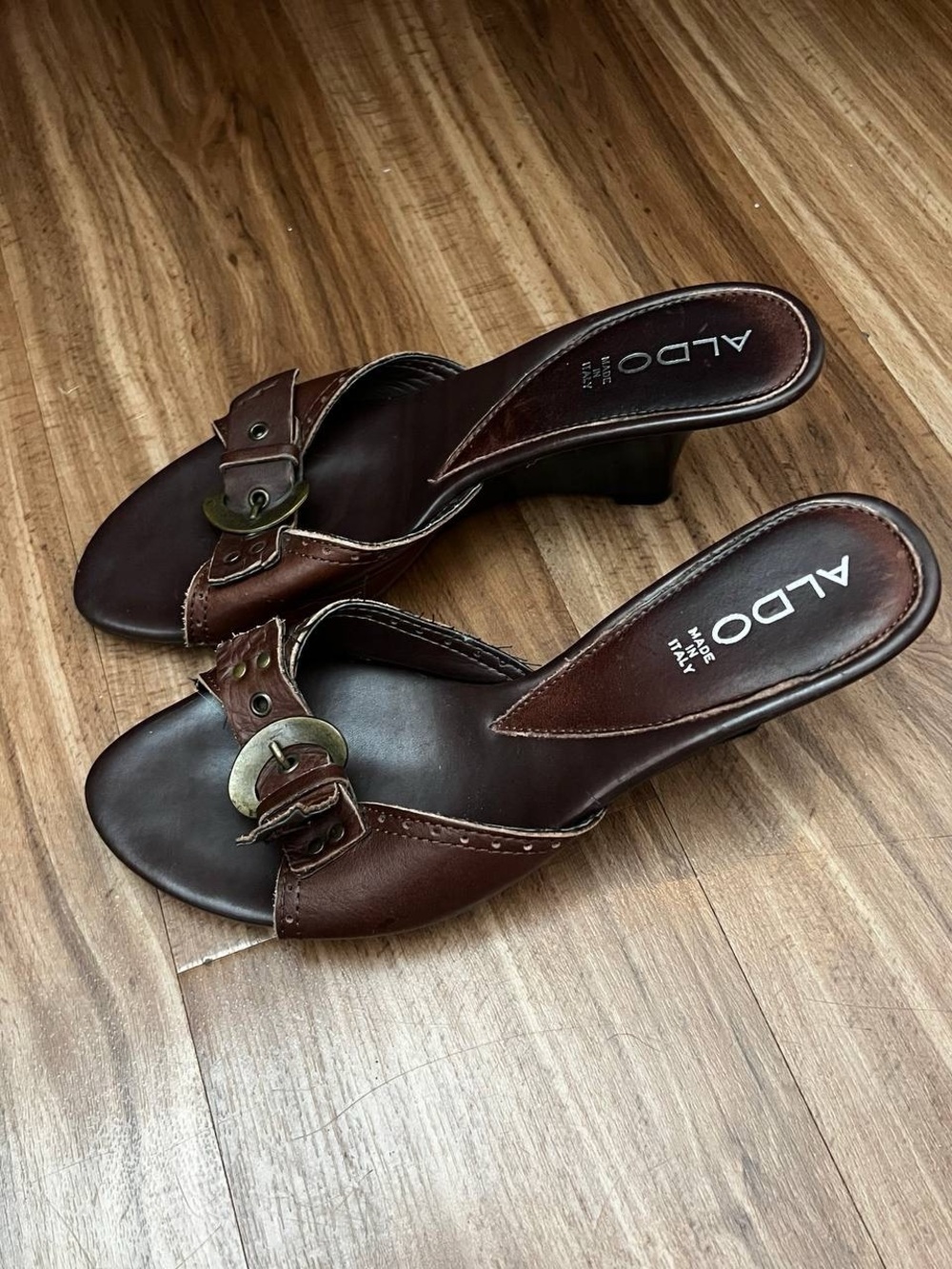 ALDO Brown Leather Buckle Mid-Heel Mules - Made in Italy